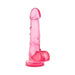 Pink realistic dildo with suction cup base and textured details, standing upright on white background.