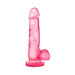 Pink translucent realistic dildo with suction cup base and textured details.