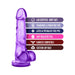 Purple realistic dong with suction cup base and balls, highlighting body-safe, phthalate-free, harness compatible features.