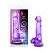 Purple realistic dong with suction cup base and balls, shown next to its retail packaging.
