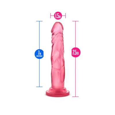 Pink realistic dildo with suction cup base, 7.5 inches long and 1.5 inches wide, showing insertable length of 7 inches.