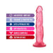 Pink realistic dildo with suction cup base and features list highlighting body safe, fragrance free, latex free, soft feel, harness compatible.
