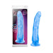 Blue realistic textured dildo with suction cup base shown in and out of packaging on white background.