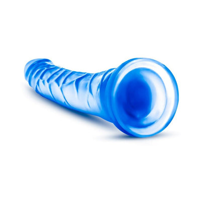 Blue translucent curved dildo with textured shaft and suction cup base on white background.