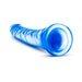 Blue translucent curved dildo with textured shaft and suction cup base on white background.