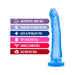 Blue realistic dildo with suction cup base and features list highlighting body safe, fragrance free, latex free, soft feel, and harness compatible.