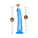 Blue realistic dildo with suction base, 8.5 inches long and 1.5 inches wide, showing insertable length of 8 inches.