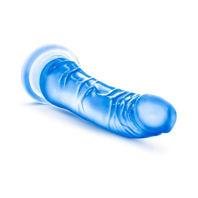 Blue translucent realistic dildo with suction cup base, slightly curved and textured for enhanced pleasure.
