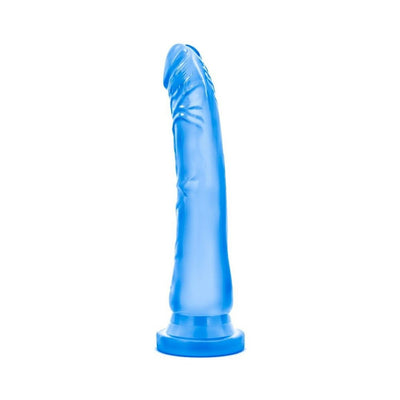 Blue realistic curved dildo with suction cup base for hands-free use, smooth and detailed design.