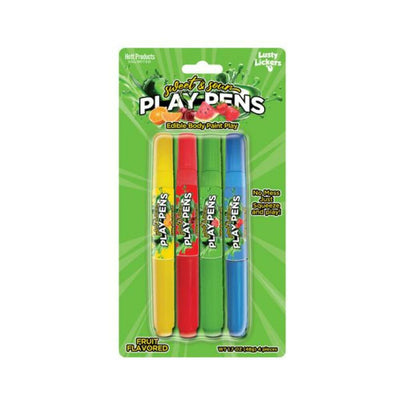 Four-pack of colorful Sweet & Sour Play Pens edible body paints in yellow, red, green, and blue packaging on a green card.