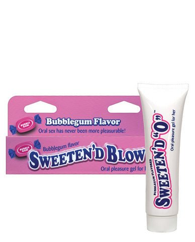 Sweeten D Blow oral pleasure gel in bubblegum flavor with pink packaging and 1.5 oz white tube