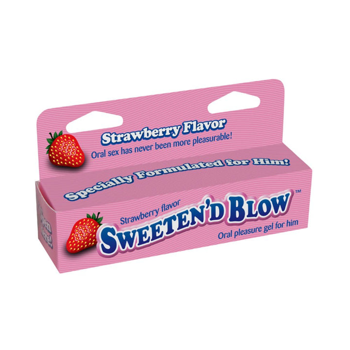 Sweeten'd Blow strawberry flavored oral pleasure gel for him in pink packaging with strawberry graphics.