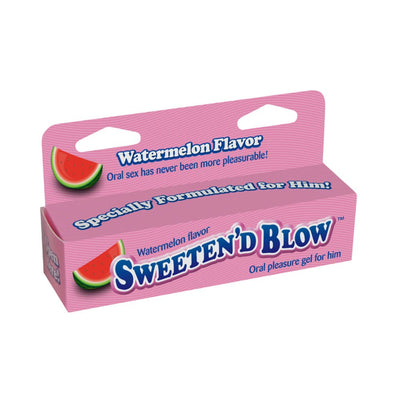 Pink packaging of Sweeten'd Blow watermelon flavored oral pleasure gel for him, 1.5oz size.