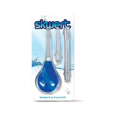 Swert Medium 8 oz douche kit with blue bulb and three clear interchangeable wands in retail packaging.