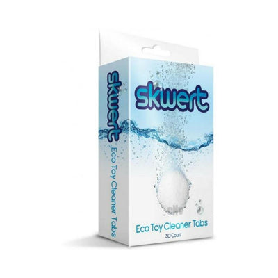 Box of Skwert Eco Toy Cleaner Tabs 30 count with water and fizzing tablet graphic on white background.