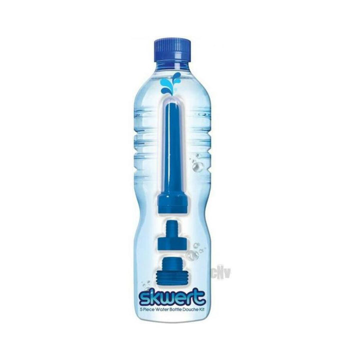 Swert Water Bottle Douche kit with silicone nozzle and two threaded adapters displayed inside a clear water bottle outline.