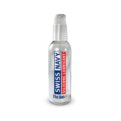 Clear 2 fl oz Swiss Navy silicone lubricant bottle with lockable pump dispenser and blue and red label.