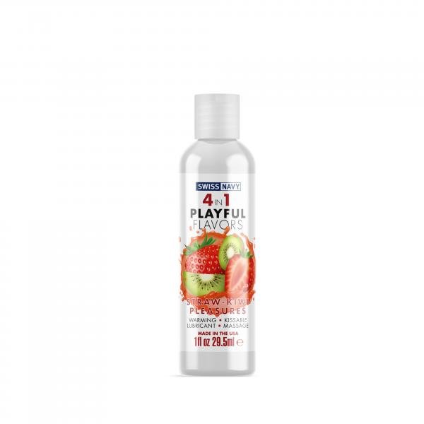 Clear 1oz bottle of Swiss Navy 4 In 1 Playful Flavors warming lubricant with strawberry and kiwi fruit images on label.