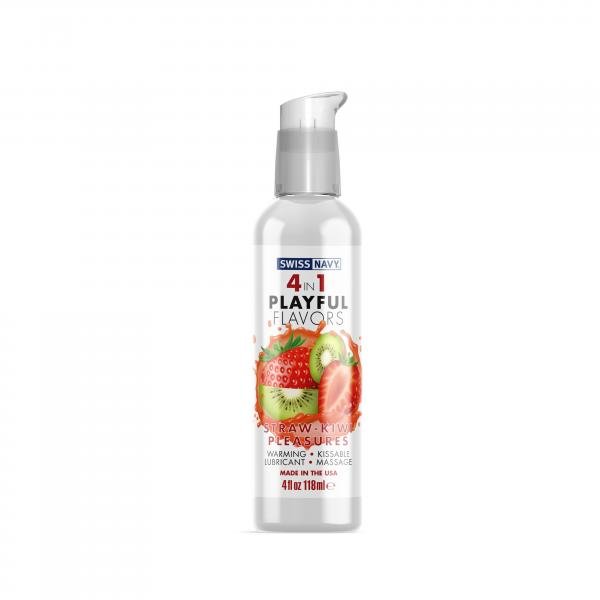 Bottle of Swiss Navy 4 In 1 Playful Flavors Strawberry Kiwi warming lubricant and massage aid, 4 oz.