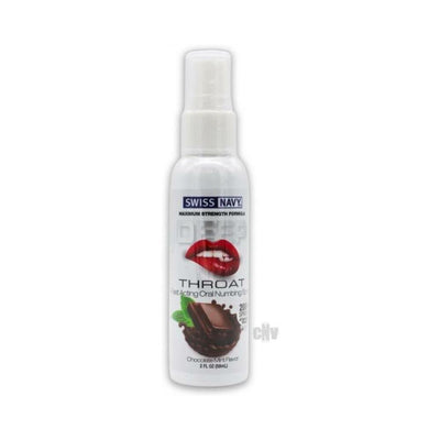 Swiss Navy Deep Throat Spray in chocolate mint flavor with a white spray bottle and red lips graphic on label.