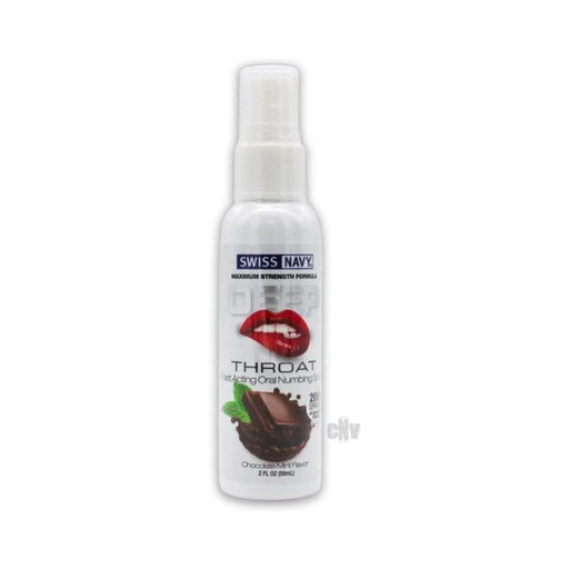 Swiss Navy Deep Throat Spray in chocolate mint flavor with a white spray bottle and red lips graphic on label.