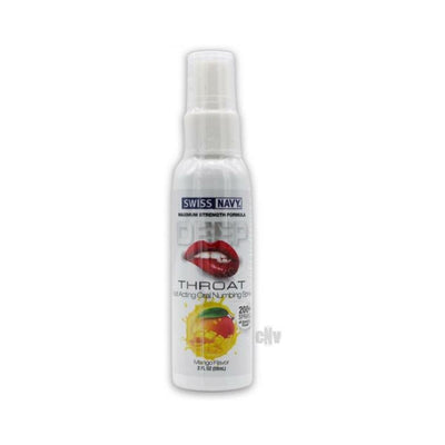 Swiss Navy Deep Throat Spray in mango flavor with white spray bottle and red lips graphic on label.