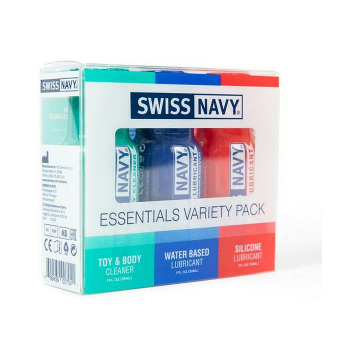 Swiss Navy Essentials Variety Pack with 1 oz bottles of toy and body cleaner, water-based lubricant, and silicone lubricant.