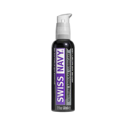 Bottle of Swiss Navy Sensual Arousal Lubricant 2oz with pump dispenser and purple label on black container.