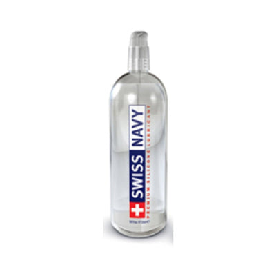 Clear 32 oz bottle of Swiss Navy premium silicone lubricant with pump dispenser and blue and red label.