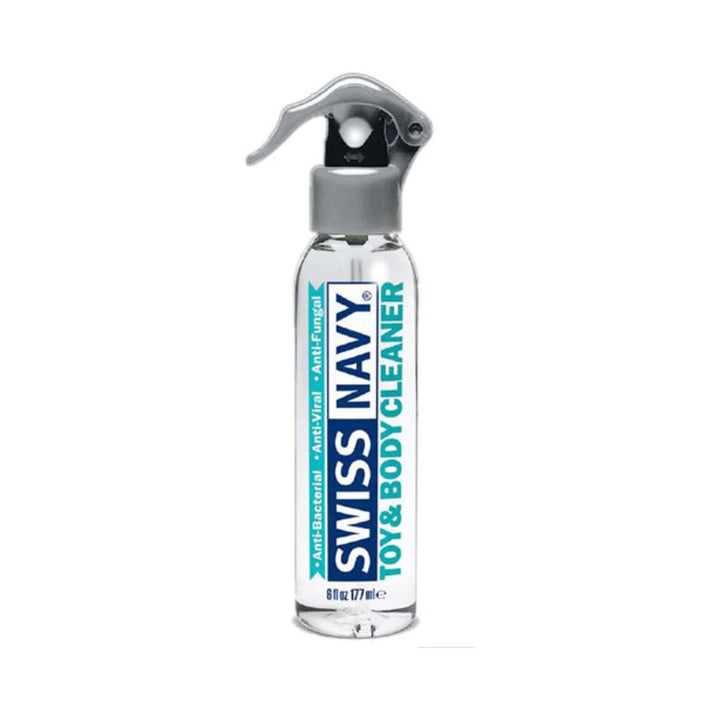 Clear 6oz Swiss Navy Toy and Body Cleaner spray bottle with gray trigger top and blue label text.