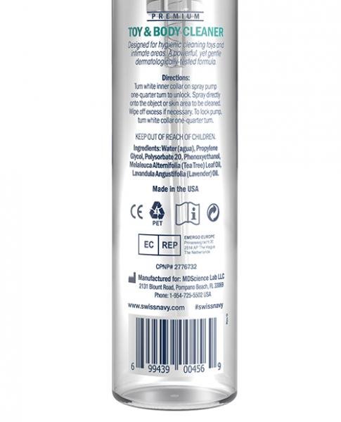 Back label of Swiss Navy Toy & Body Cleaner 7oz bottle showing usage directions, ingredients, and manufacturer details.