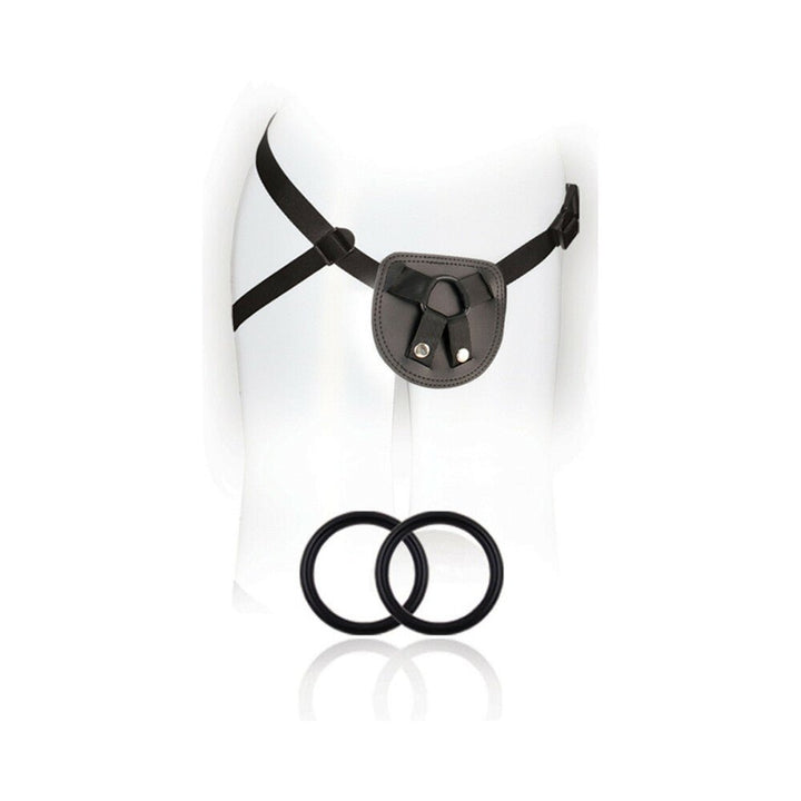 Blush SX For You Beginners Harness with adjustable black straps and two silicone support rings on white background.