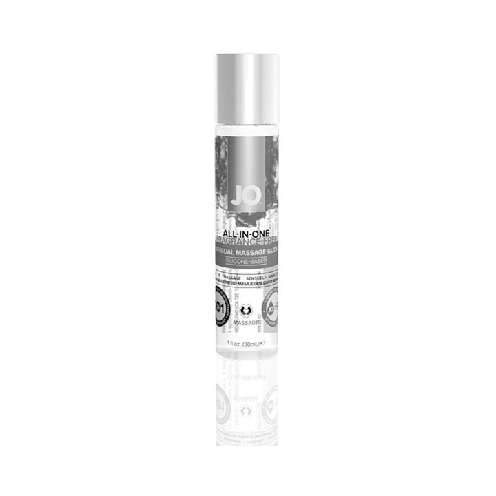 System Jo All In One Massage Glide fragrance-free silicone-based lubricant in a 1oz clear bottle with silver cap and label.