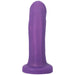 Amethyst-colored semi-realistic dildo with a smooth, curved design and wide base for harness compatibility.