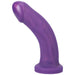 Amethyst-colored semi-realistic dildo with a curved shape and smooth, soft silicone texture.