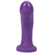 Purple semi-realistic dildo with a smooth, curved design and wide base for harness compatibility.
