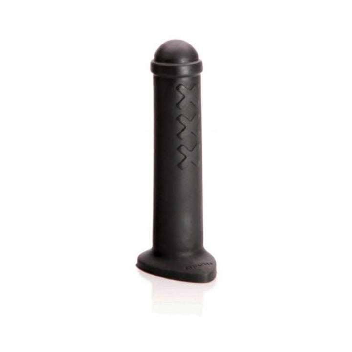 Compact black silicone toy inspired by Amsterdam traffic barriers with embossed triple X design and rounded top.