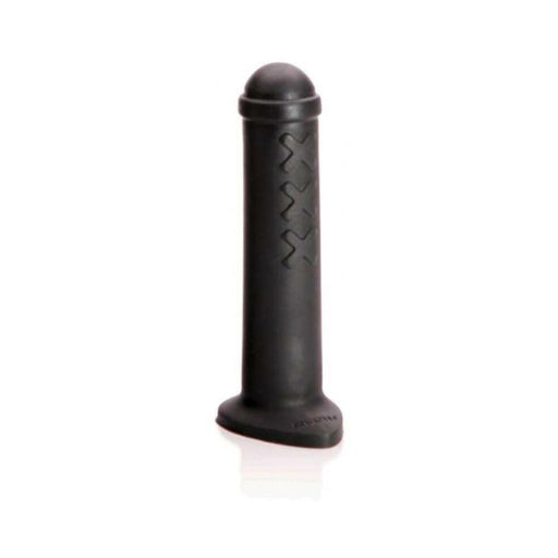 Compact black silicone toy inspired by Amsterdam traffic barriers with embossed triple X design and rounded top.