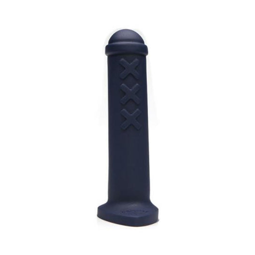 Tantus Amsterdam Junior Supersoft toy in carbide blue with three raised X details, inspired by Amsterdam traffic barriers.