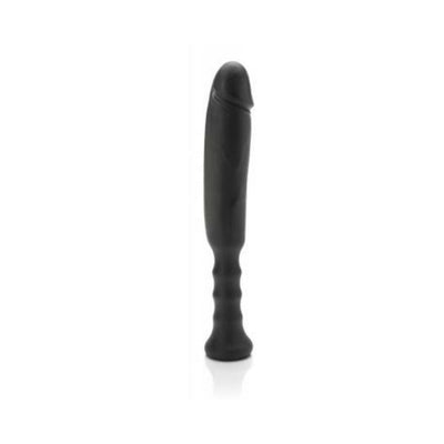 Black ergonomic silicone adult toy with muscled shaft and comfortable grip handle, standing upright on white background.