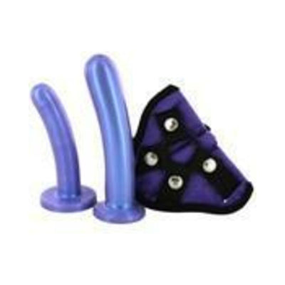 Purple silicone strap-on kit with two curved dildos and adjustable harness with metal snaps.