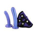 Purple silicone strap-on kit with two curved dildos and adjustable harness with metal snaps.