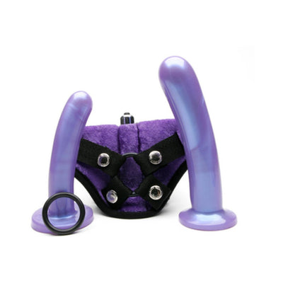 Purple Bend Over Intermediate strap-on harness kit with two smooth silicone dildos and adjustable velvet harness.