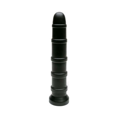 Black silicone pleasure ring toy with multiple raised bands along its length and a rounded tip.