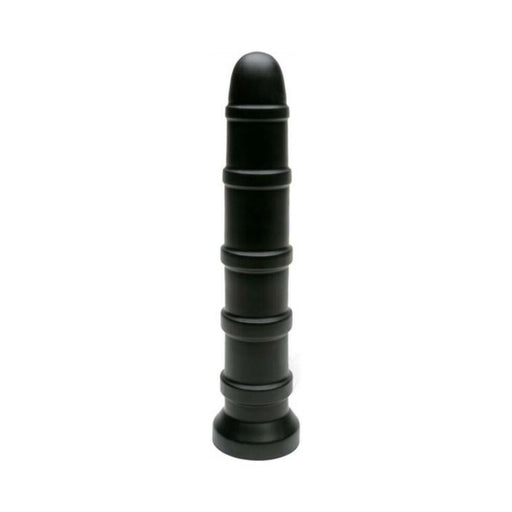 Black silicone pleasure ring toy with multiple raised bands along its length and a rounded tip.