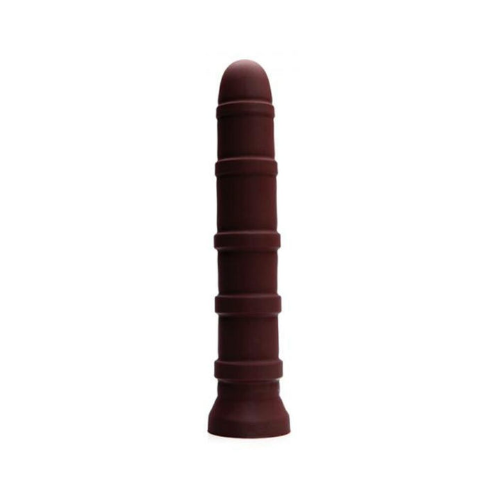 Oxblood red firm silicone toy with textured rings along the shaft for enhanced sensation.
