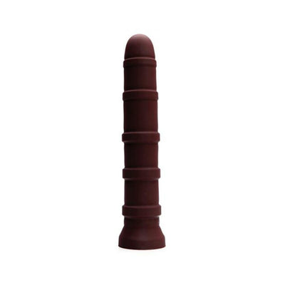 Oxblood red firm silicone toy with textured rings along the shaft for enhanced sensation.