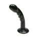 Black compact curved silicone dildo with textured shaft and suction base for hands-free use.