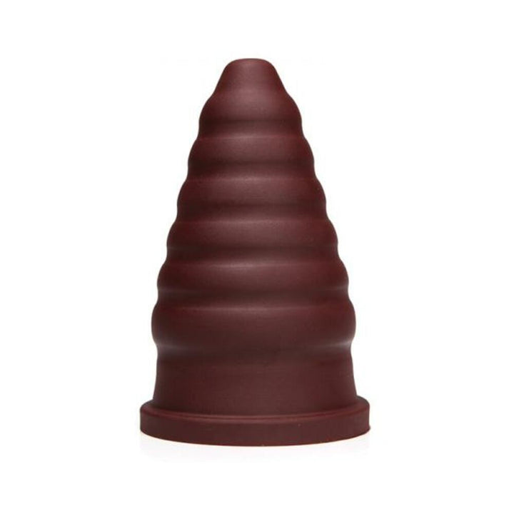 Oxblood red firm silicone cone-shaped toy with progressive ripple texture and wide base.
