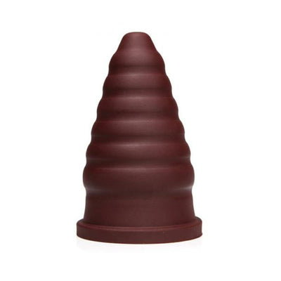 Oxblood red firm silicone cone-shaped toy with progressive ripple texture and wide base.